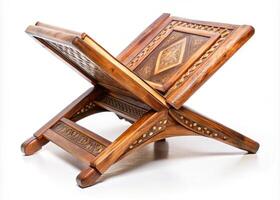 Beautifully crafted wooden rehal book stand with detailed carvings, designed for reading holy books or display, isolated on a white background photo