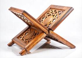 Traditional wooden rehal stand with fine craftsmanship and elegant carvings, suitable for use in homes, mosques, or libraries for book display photo