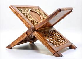 Elegant wooden rehal book stand with intricate geometric patterns, an essential item for displaying books or art in a sophisticated setting photo