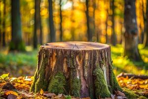 tree stump surrounded by autumn leaves and vibrant trees with bokeh background in a lush forest during golden hour photo