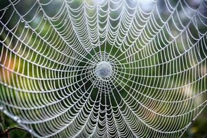 Detailed close up of a spiders web covered in morning dew, highlighting the fine threads and reflective water droplets photo