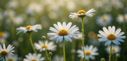 Close up view of several daisies with white petals and yellow centers in a field photo
