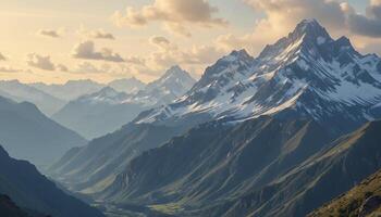 Sweeping Vista of Snow-Dusted Peaks and Emerald Valleys at Twilight Hour photo