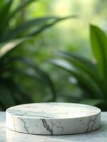 A marble round table with a green plant in the background photo
