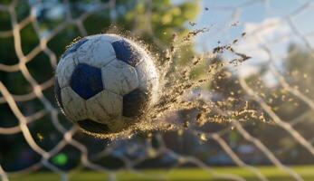 Dirty Soccer Ball Ripping Through Net photo