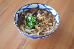 a bowl of savory Japanese udon noodles served in a flavorful broth photo