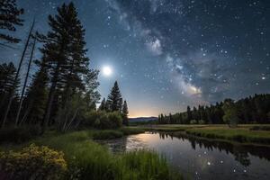 the milky way over the river in the night sky photo