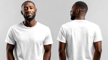 Designers can easily showcase their custom t shirt designs with this mockup featuring front and back views of a white blank t shirt on a male model photo