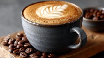 An overhead shot showcasing a freshly brewed cappuccino latte in a stylish mug, with intricate latte art on top photo