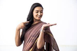 Portrait Of A Woman Hand Palm Showing Something While Pointing Finger On It photo