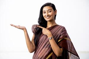 Standing Lady Pointing To The Empty Palm Hand photo