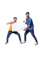 Handsome models are holding and displaying a white banner. photo