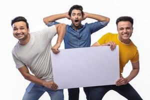 Handsome models are holding a white paper board photo