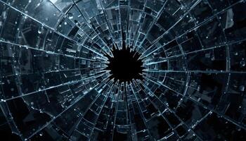 a broken glass window with a black hole in it photo