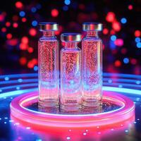 A stunning showcase of glowing beverage bottles in a neon-lit environment creating a captivating visual experience. photo