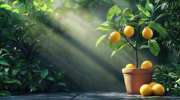 Lemon tree growth with ripe fruits garden photography natural light close-up freshness and vitality photo
