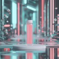 Innovative glass bottle design modern studio 3d render futuristic environment close-up view product concept photo