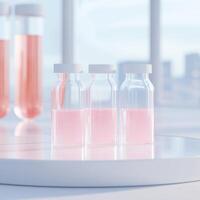 Innovative science experiment with bottled solutions in modern laboratory setting clear glass scientific exploration photo