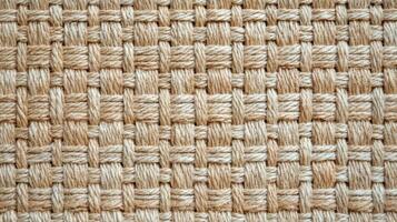 Woven natural rope mat texture close up with interlaced strands in a geometric square pattern of tan and cream fibers. photo