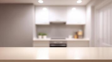 Polished countertop in bright modern kitchen with smooth surface, soft lighting, and blurred background ideal for product mockup or clean design presentation. photo