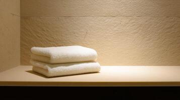 Folded white towels on marble shelf with warm lighting against textured beige wall in a clean minimalist interior. photo