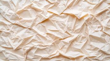 Wrinkled Beige Paper Texture Background with uneven folds and crumpled surface creating a rough, organic and abstract appearance. photo