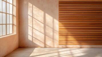 Sunlight casting shadows on textured wall with modern horizontal wooden slats and large window in bright minimal interior space. photo