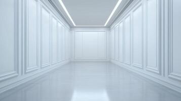 Elegant white hallway with wall panel design featuring glossy floor surface, linear ceiling lighting, and clean symmetrical architectural details. photo
