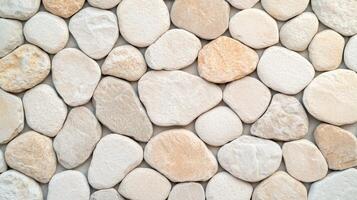 Natural beige irregular stone wall texture showing textured stones with organic shapes arranged in a uniform pattern with light earthy tones. photo
