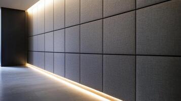 Textured fabric wall panels with ambient lighting design featuring soft woven texture and geometric layout in a modern interior space with grey and black tones. photo