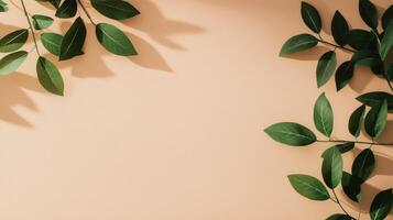 Green leaves on minimal beige background with natural shadows and elegant botanical arrangement in flat lay style for eco or nature themed design. photo