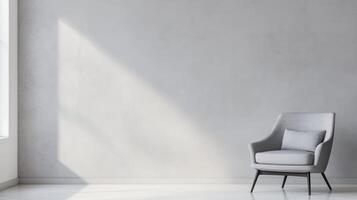 Modern gray armchair in minimal room with soft lighting and textured wall surface, creating a calm and elegant interior setting. photo