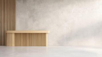 Minimal wooden reception desk against concrete wall features modern interior design with natural textures, vertical slats, soft colors, and clean architectural lines. photo