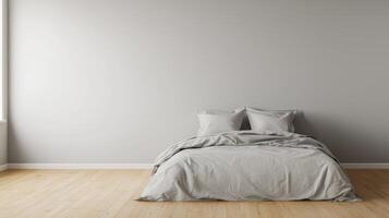 Minimal bedroom with grey bedding and wooden floor featuring soft light from window and plain grey walls in modern interior style. photo