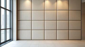 Beige padded fabric wall with window light showcases a grid panel pattern with soft textures, modern lighting, and architectural symmetry in a bright interior. photo