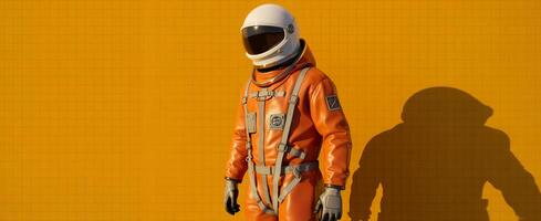An astronaut in an orange space suit standing in front of a yellow background photo