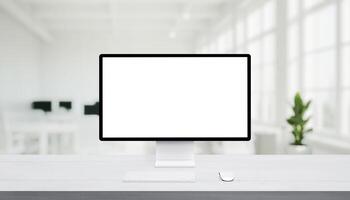 Computer monitor mockup on clean desk, ideal for showcasing web design studio work, websites, and digital interface concepts photo