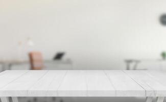 Minimalist white wooden table with a textured surface, modern office setting in the background, ideal for product display, branding, and promotional content photo