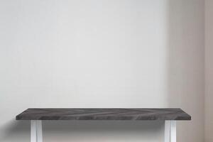 Industrial-style black desk with wooden texture and white legs, set against a white wall with soft window shadows, ideal for modern office setups and tech product display photo