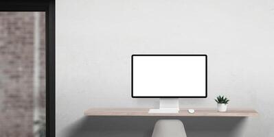Office computer display mockup in clean and flat workspace, with a single plant on the desk and office door on the left, perfect for eco-friendly branding photo