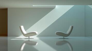 Two chairs facing each other in an empty white room, representing therapy session, silence, introspection and connection photo