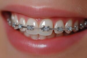 Young person smiling with braces adorned with clear gems in close-up photo