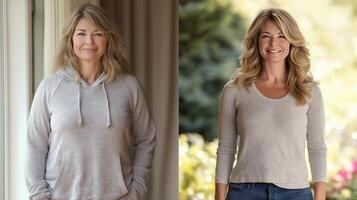 Realistic before and after weight loss comparison of the same middle-aged woman, showing visible transformation in body photo