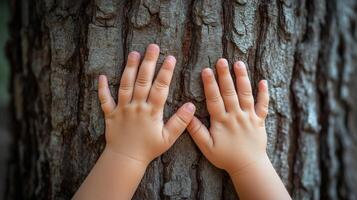 Child's hands gently touching a tree trunk in a natural setting during photo