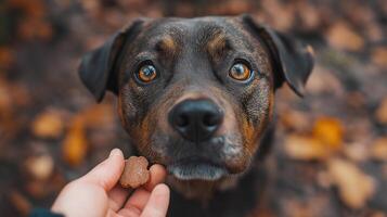 Dog eagerly awaits a treat from a hand in a quiet street setting photo