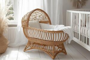 Cozy rattan bassinet in a softly lit nursery with white decor photo
