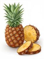 Fresh Pineapple with Juicy Slices on White Background photo