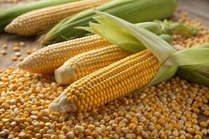 Close-Up of Golden Corn Cobs with Husks and Kernels photo