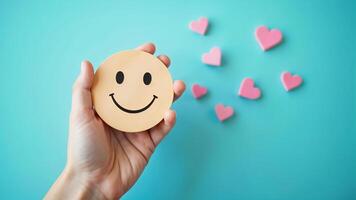 Happy Smiling Face Held in Hand with Pink Hearts on Blue photo