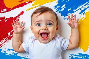 A baby with a big smile on his face and hands up in the air photo